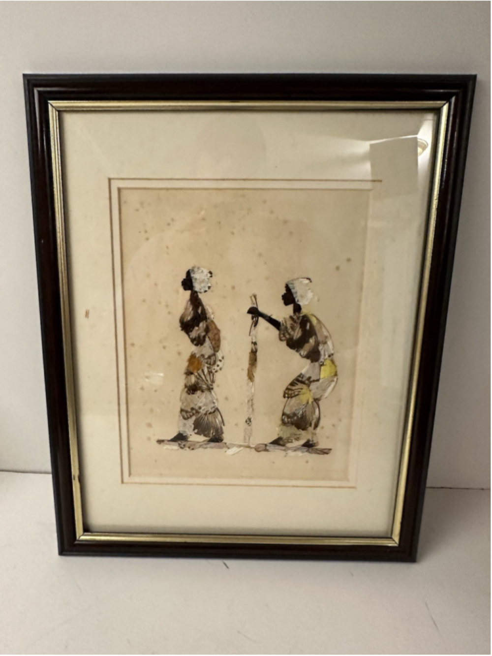 Vintage Real Butterfly Wing Art Collage Framed African Figures Folk Art 12x16